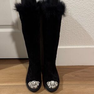 Miu Miu Black below knee Boots with Fur Cuff and Jeweled Toe